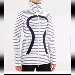 Lululemon Womens Blue And White Long Lenth High Neck Striped Stride Jacket 6